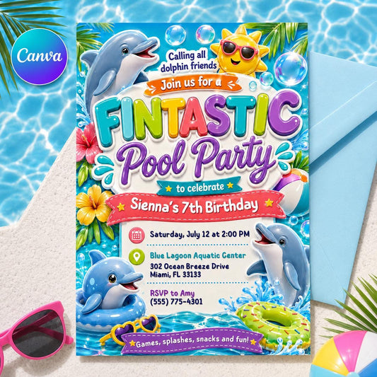 Dolphin Pool Party Invitation, Pool Party Birthday Party Invitation Template, Hand Drawn Whimsical Swim Birthday Invite, Pool Celebration __etsy:8097668035