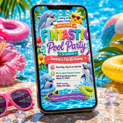 Dolphin Pool Party Invitation, Pool Party Birthday Party Invitation Template, Hand Drawn Whimsical Swim Birthday Invite, Pool Celebration __etsy:8097667987