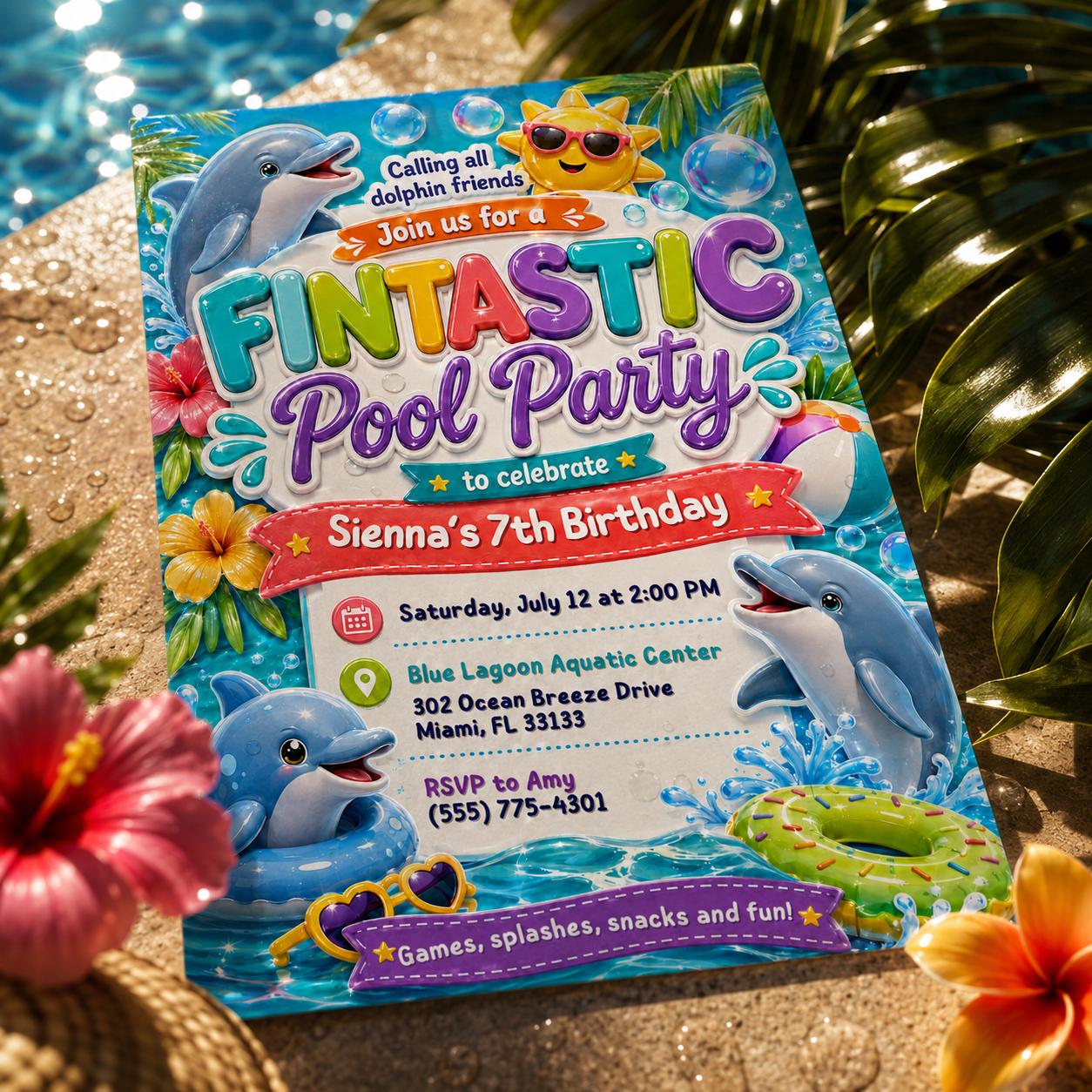 Dolphin Pool Party Invitation, Pool Party Birthday Party Invitation Template, Hand Drawn Whimsical Swim Birthday Invite, Pool Celebration __etsy:8049755040
