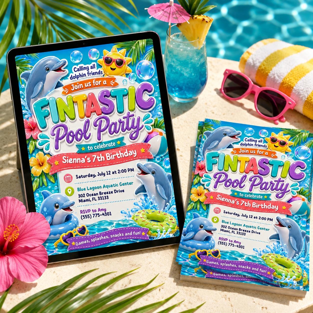 Dolphin Pool Party Invitation, Pool Party Birthday Party Invitation Template, Hand Drawn Whimsical Swim Birthday Invite, Pool Celebration __etsy:8049755058