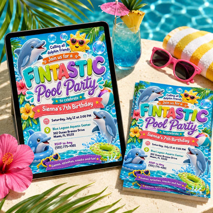Dolphin Pool Party Invitation, Pool Party Birthday Party Invitation Template, Hand Drawn Whimsical Swim Birthday Invite, Pool Celebration __etsy:8049755058