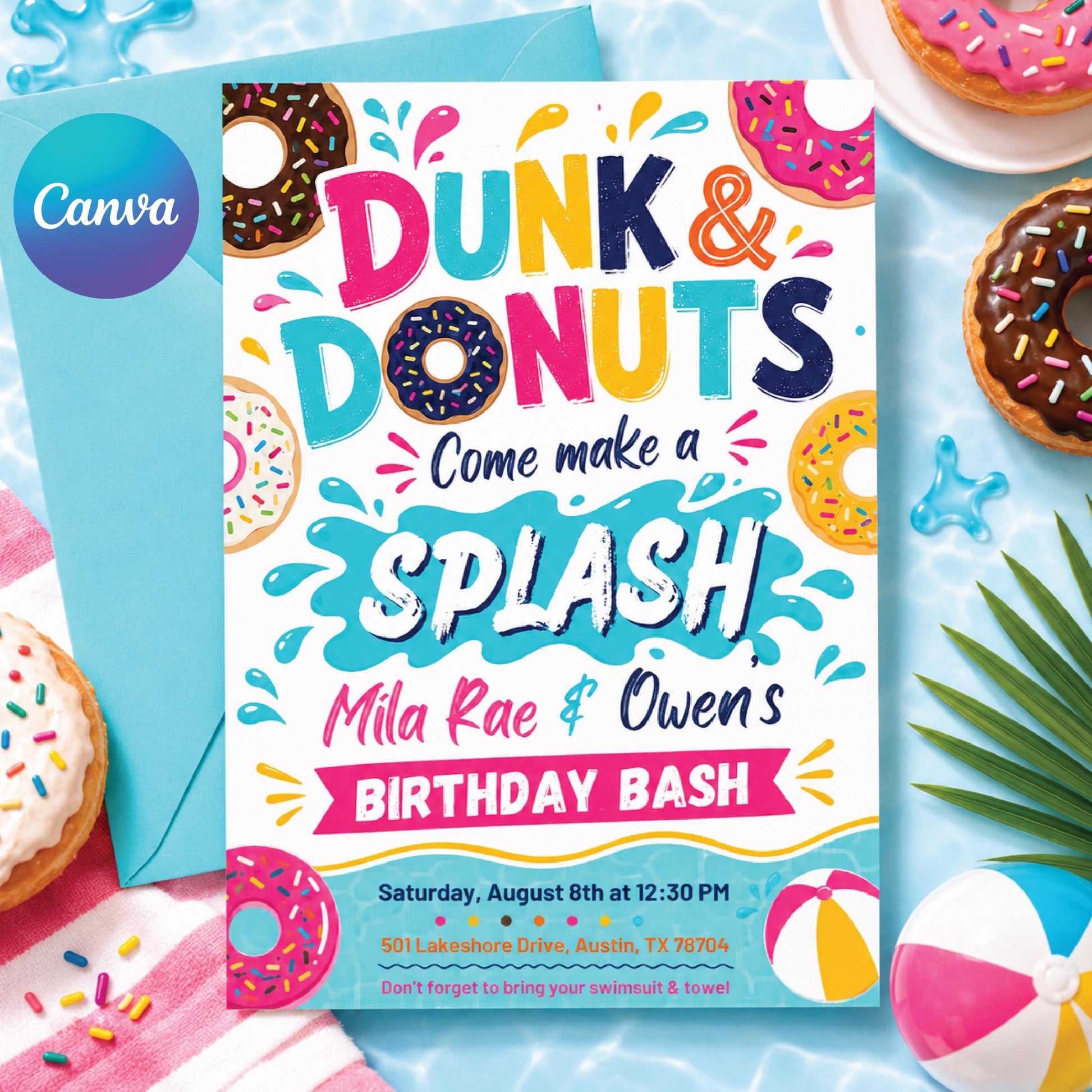 Donut Birthday Invitation, Dunk and Donuts Invite, Editable Donut Pool Party Invite, Kids Summer Celebration, Sweet Treat Party, Canva __etsy:8022676052