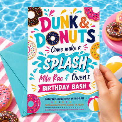 Donut Birthday Invitation, Dunk and Donuts Invite, Editable Donut Pool Party Invite, Kids Summer Celebration, Sweet Treat Party, Canva __etsy:8022671650