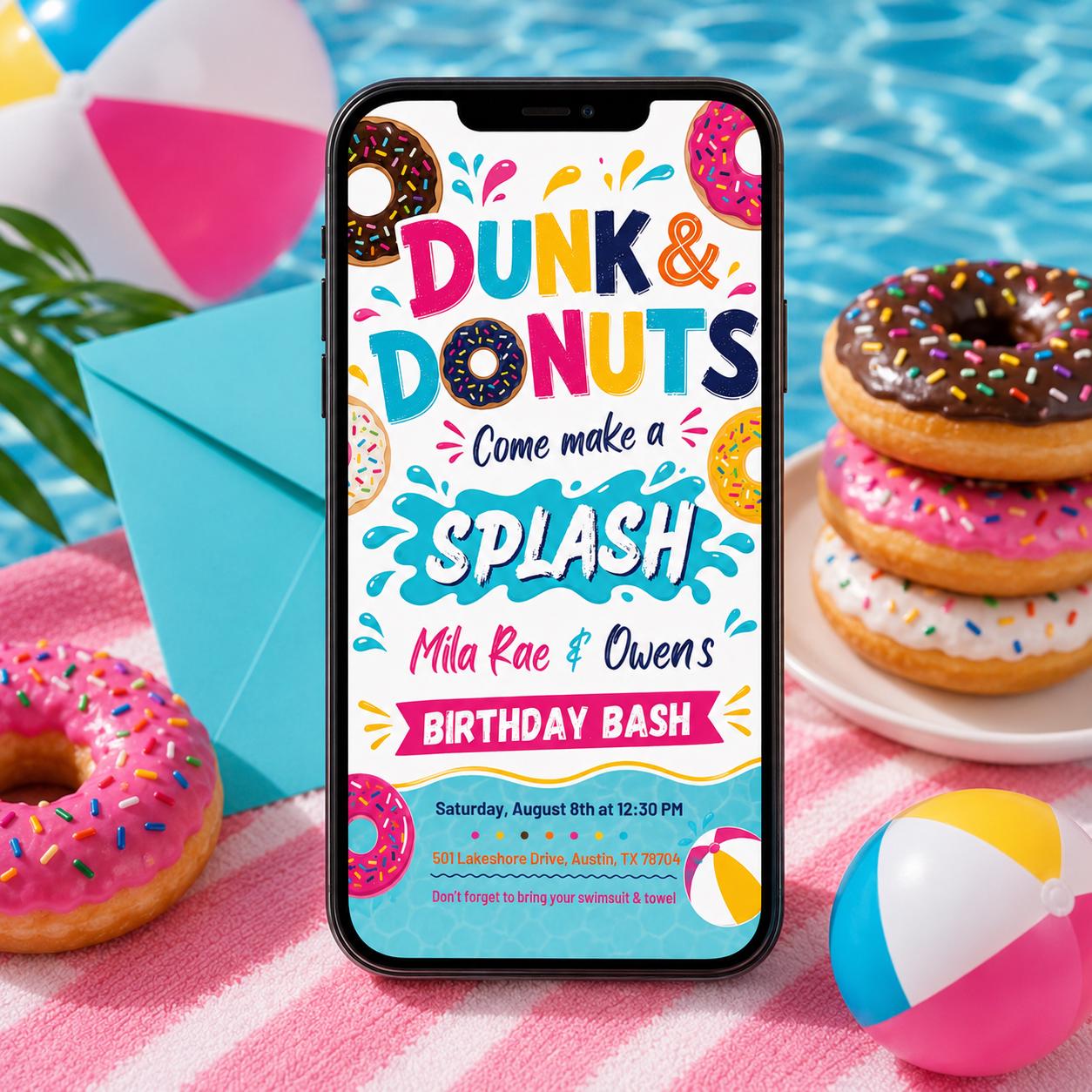 Donut Birthday Invitation, Dunk and Donuts Invite, Editable Donut Pool Party Invite, Kids Summer Celebration, Sweet Treat Party, Canva __etsy:8070585805