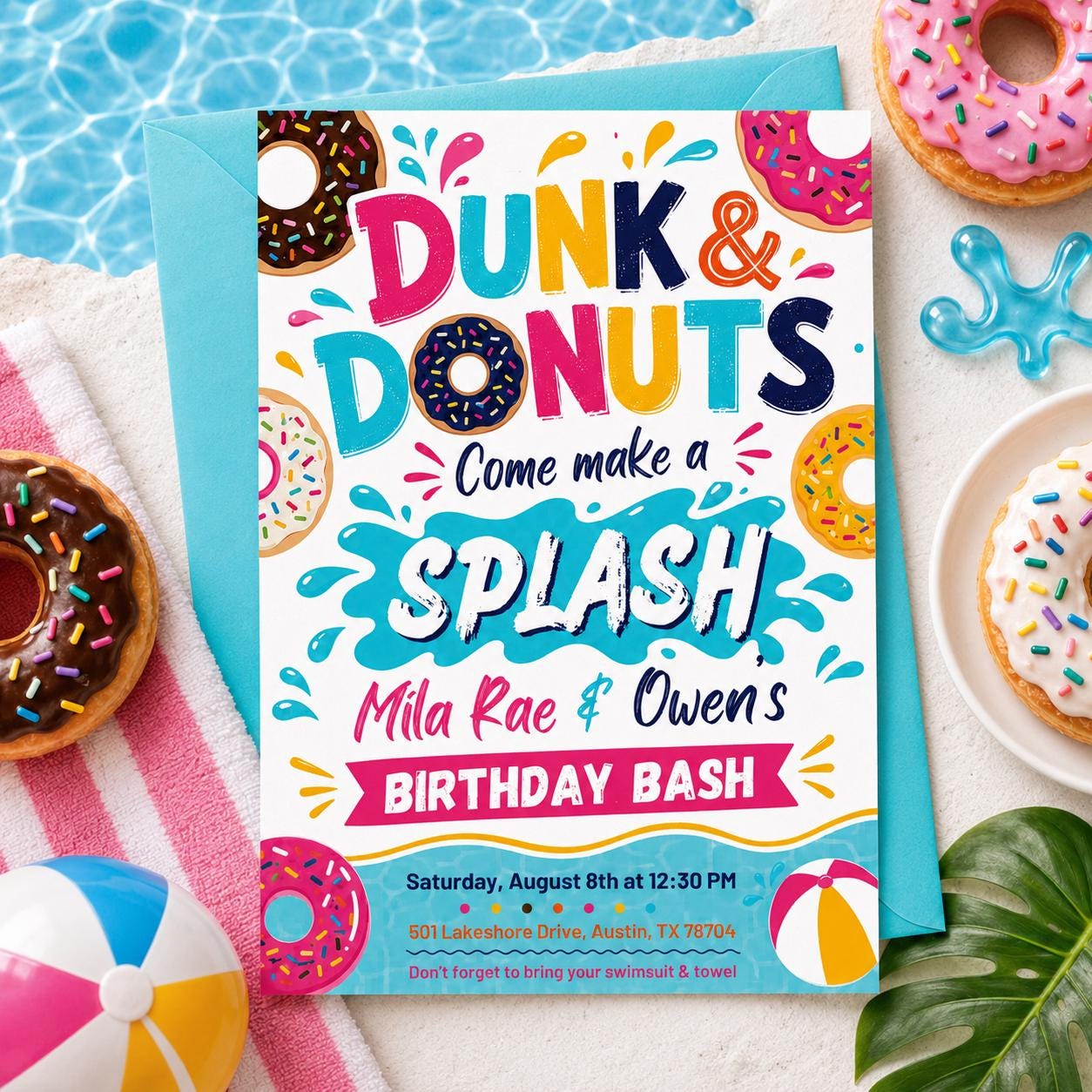 Donut Birthday Invitation, Dunk and Donuts Invite, Editable Donut Pool Party Invite, Kids Summer Celebration, Sweet Treat Party, Canva __etsy:8070585811