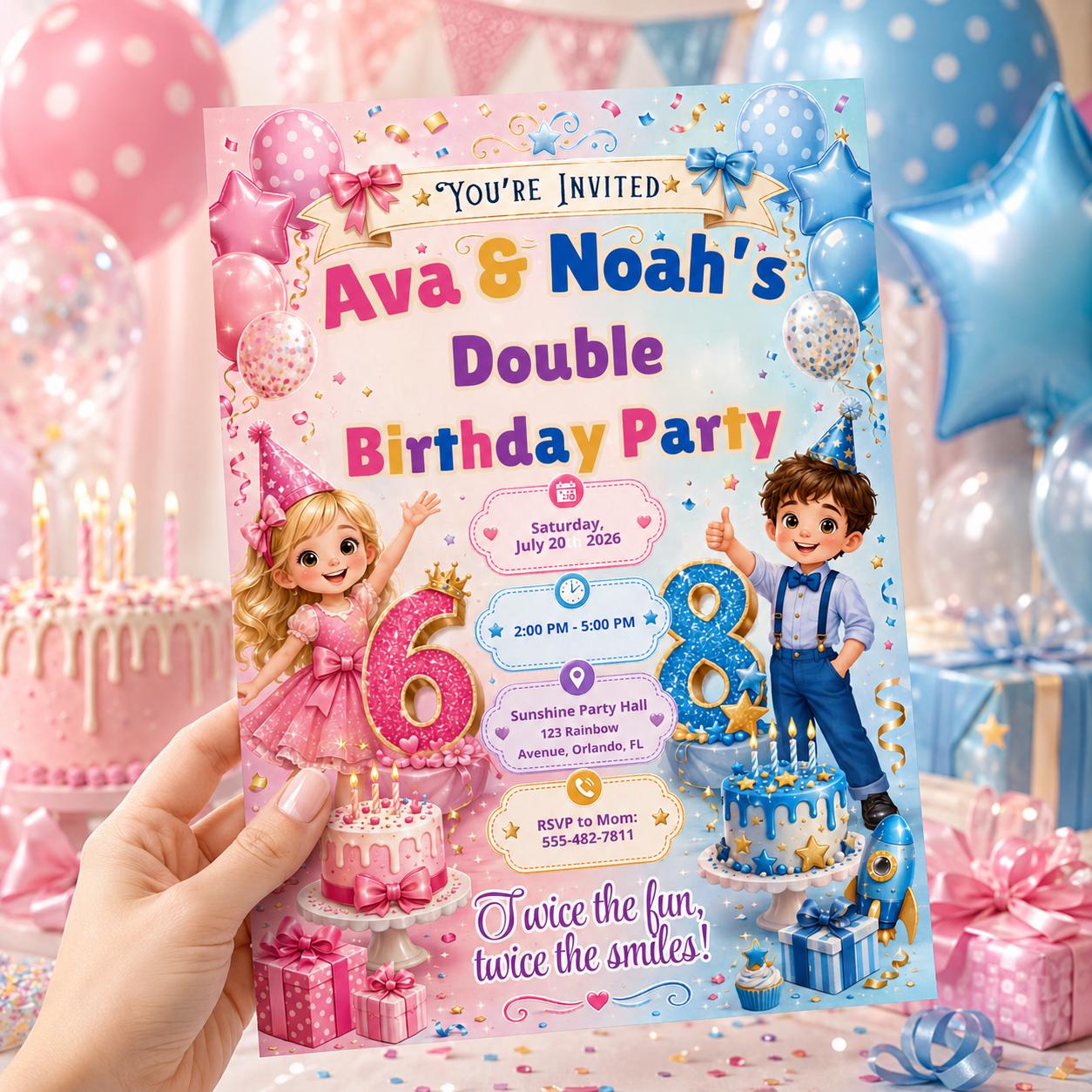 Double Birthday Invitation Canva Template, Editable Joint Birthday for Two Kids, Sibling Birthday Party, Printable Double Birthday Invite __etsy:8055838194