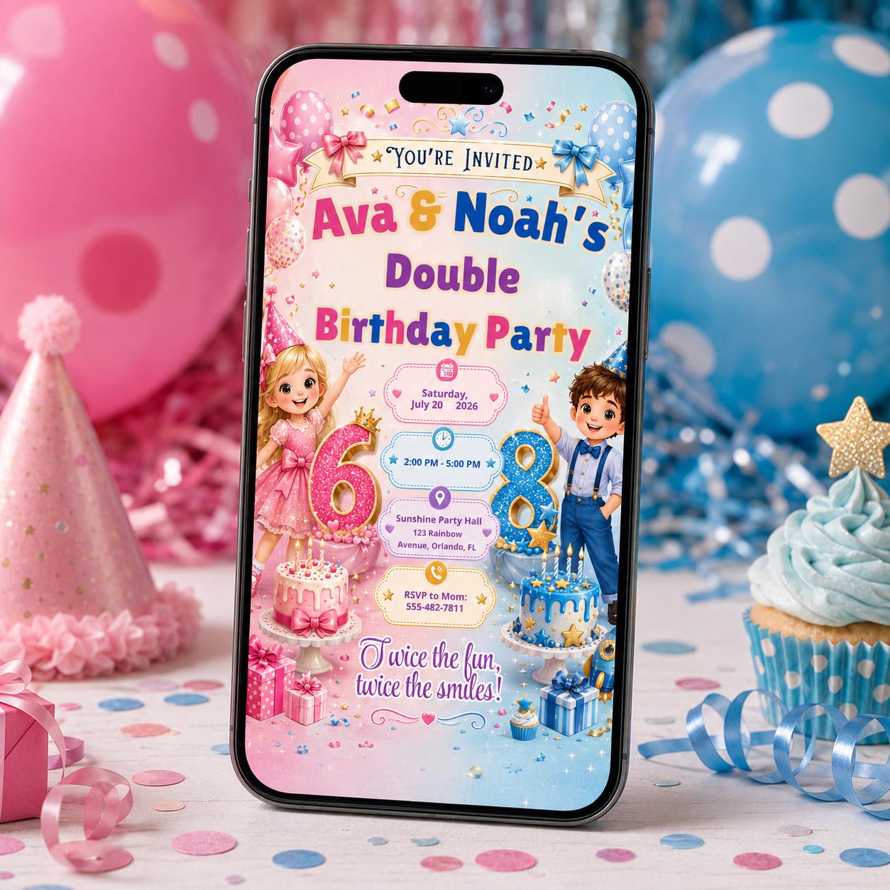 Double Birthday Invitation Canva Template, Editable Joint Birthday for Two Kids, Sibling Birthday Party, Printable Double Birthday Invite __etsy:8055838226