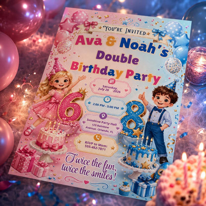 Double Birthday Invitation Canva Template, Editable Joint Birthday for Two Kids, Sibling Birthday Party, Printable Double Birthday Invite __etsy:8103749917