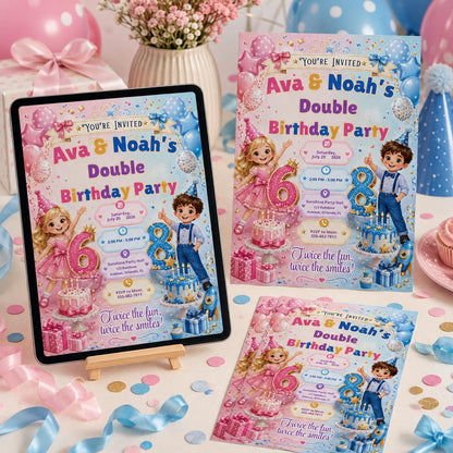 Double Birthday Invitation Canva Template, Editable Joint Birthday for Two Kids, Sibling Birthday Party, Printable Double Birthday Invite __etsy:8055838248