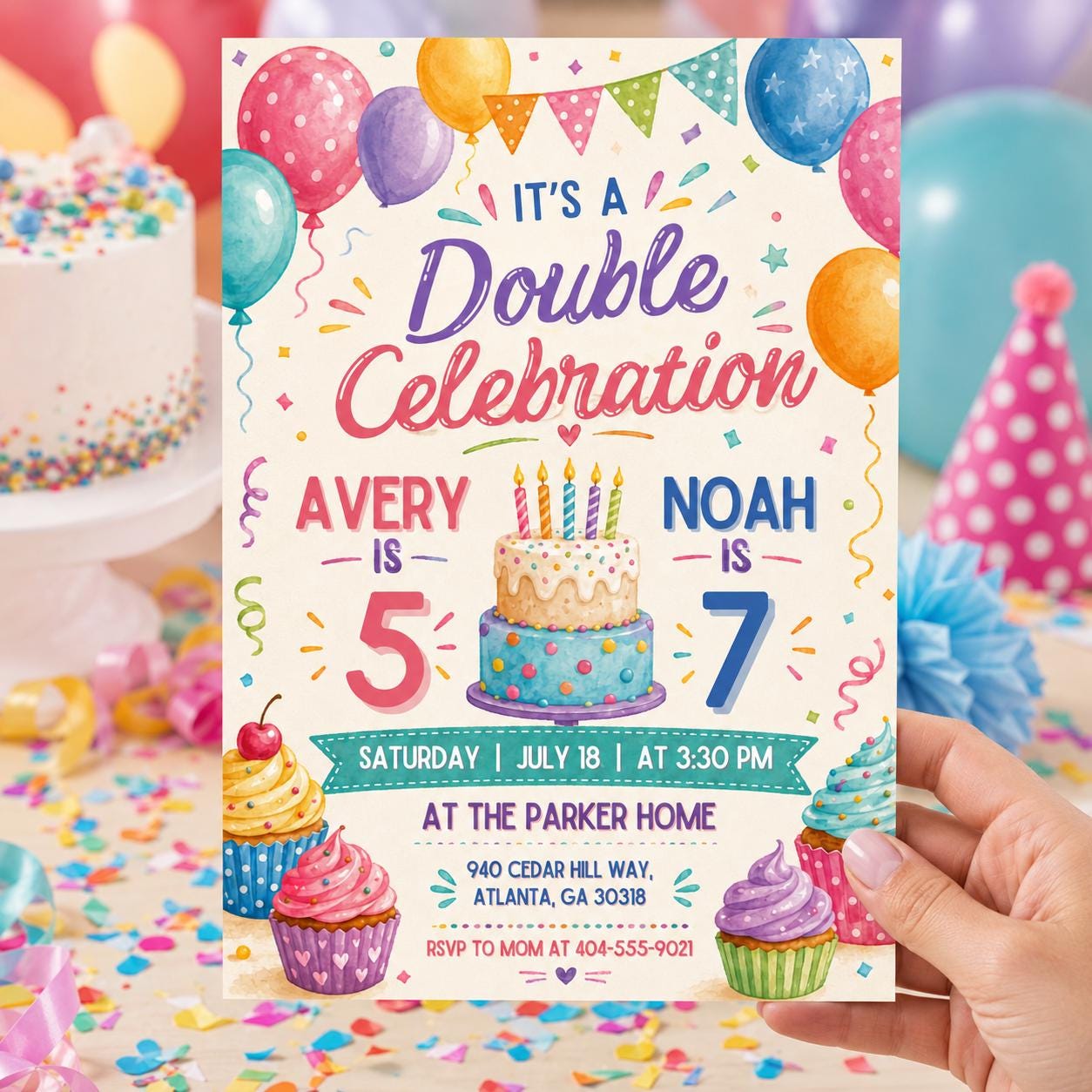 Double Birthday Invitation, Editable Joint Birthday Party Invite for Two Kids,  Editable Sibling Party Editable Template, Canva Template __etsy:8086506343