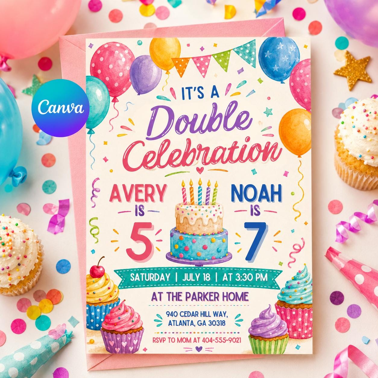 Double Birthday Invitation, Editable Joint Birthday Party Invite for Two Kids,  Editable Sibling Party Editable Template, Canva Template __etsy:8038593764