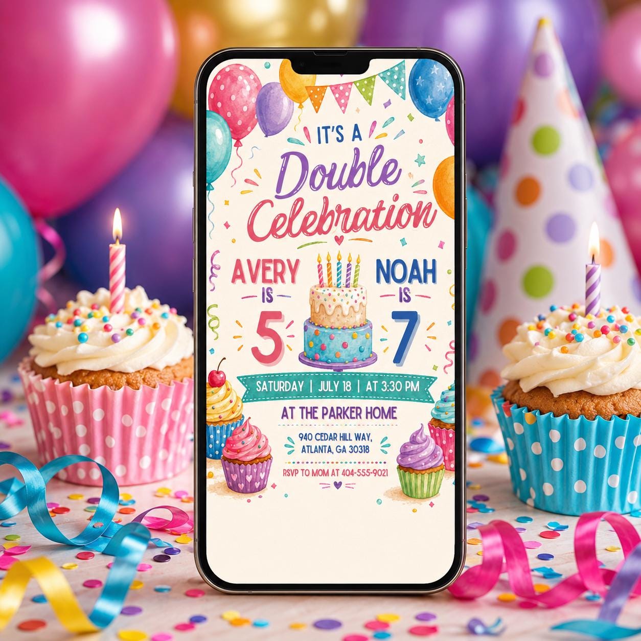Double Birthday Invitation, Editable Joint Birthday Party Invite for Two Kids,  Editable Sibling Party Editable Template, Canva Template __etsy:8086506319