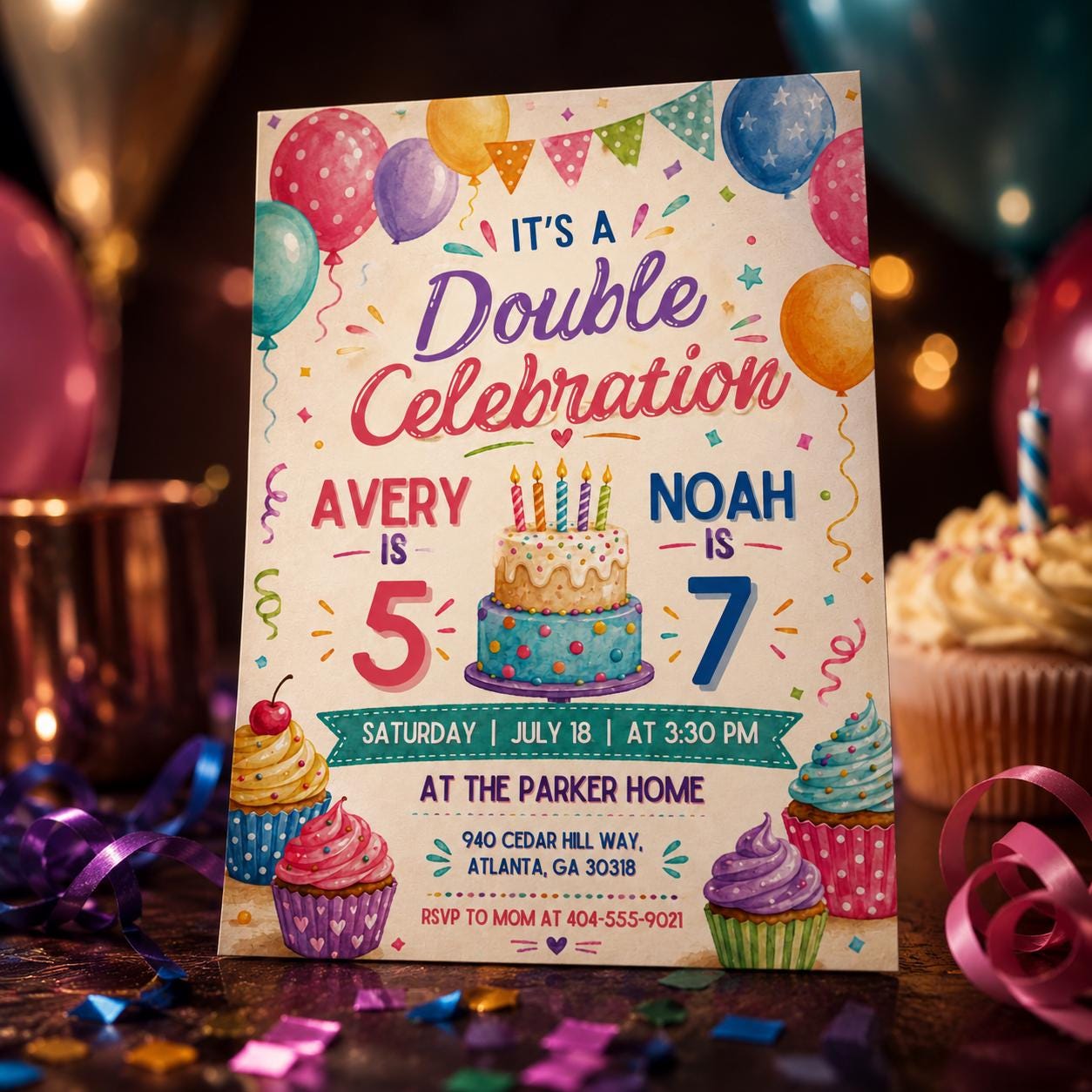 Double Birthday Invitation, Editable Joint Birthday Party Invite for Two Kids,  Editable Sibling Party Editable Template, Canva Template __etsy:8038593770