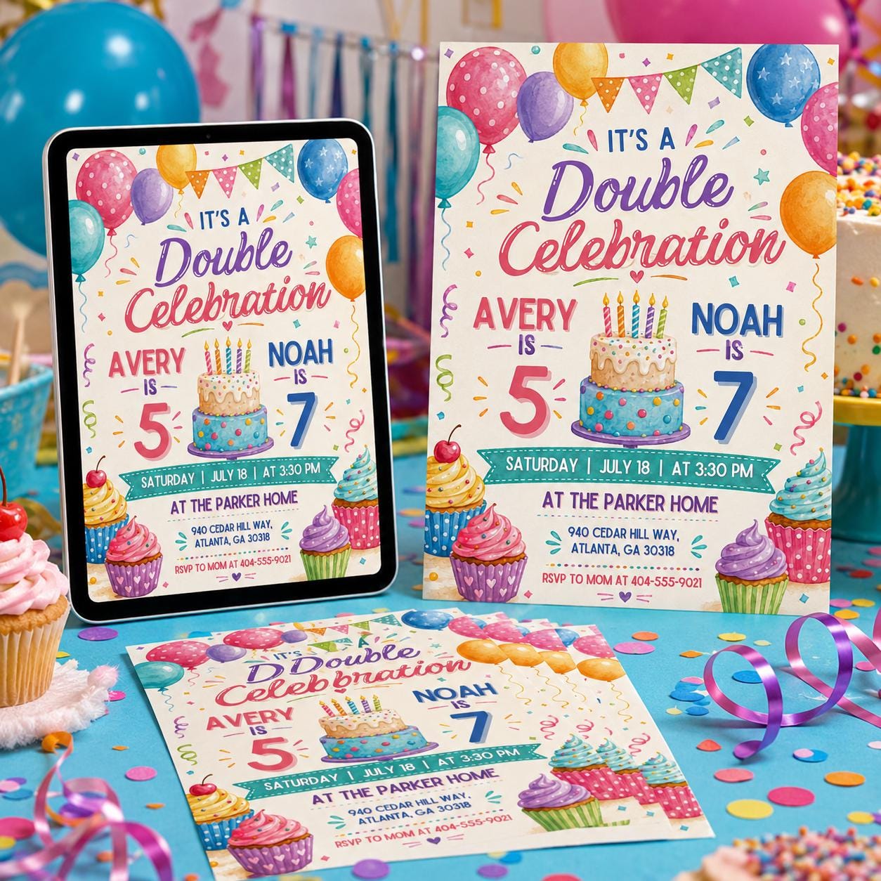 Double Birthday Invitation, Editable Joint Birthday Party Invite for Two Kids,  Editable Sibling Party Editable Template, Canva Template __etsy:8086506365
