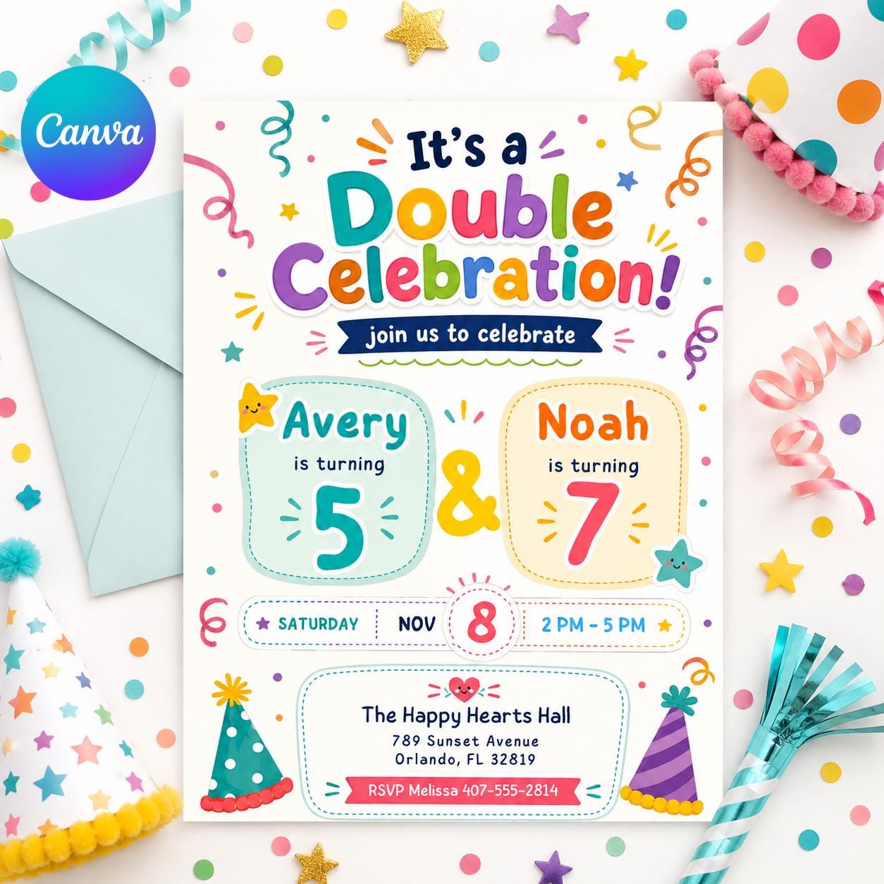 Double Celebration Invitation, Joint Birthday Invitation, Sibling Birthday Party, Printable Double Birthday Invite, Editable Canva Template __etsy:8002120038