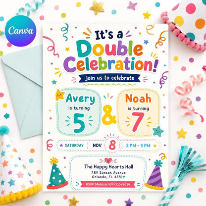 Double Celebration Invitation, Joint Birthday Invitation, Sibling Birthday Party, Printable Double Birthday Invite, Editable Canva Template __etsy:8002120038