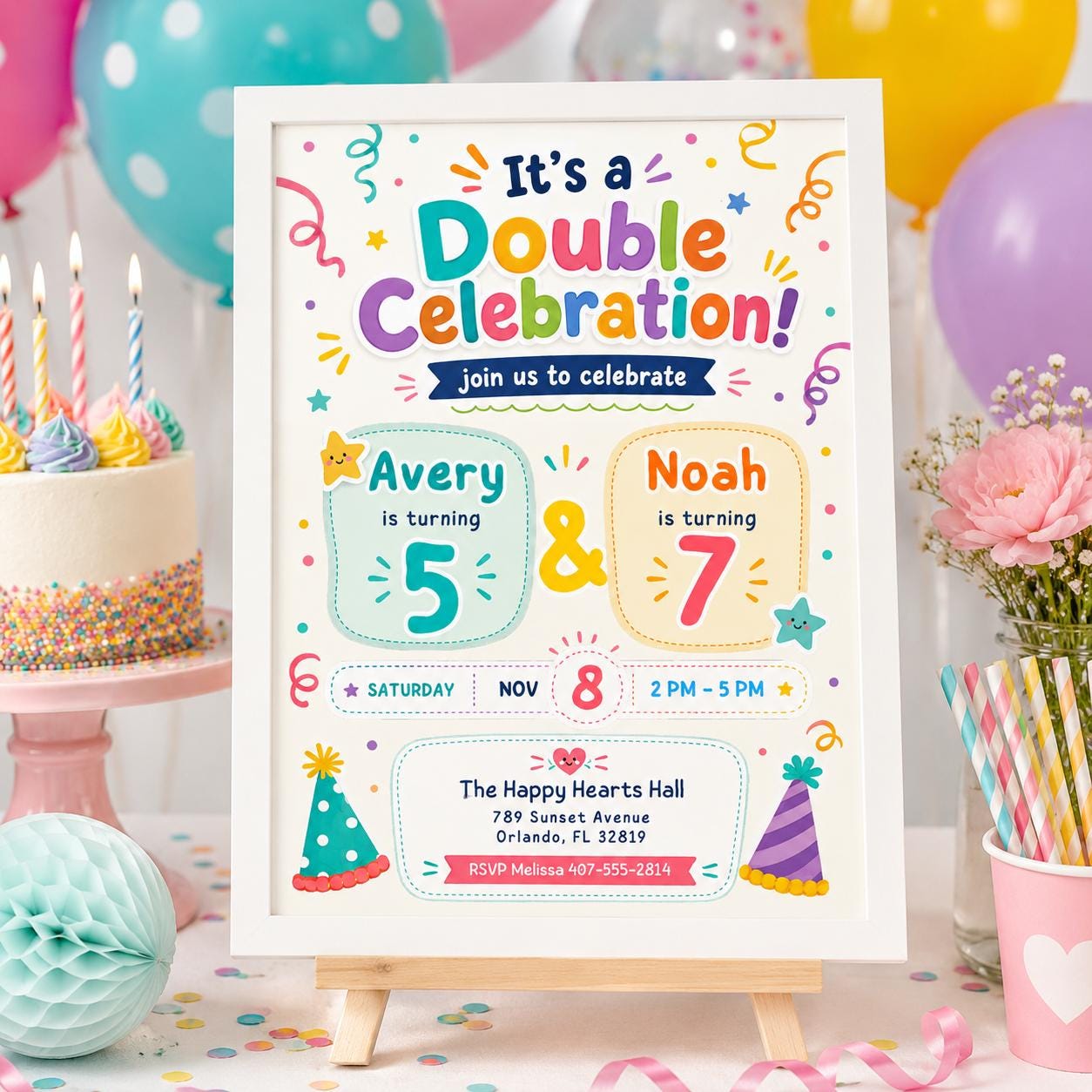 Double Celebration Invitation, Joint Birthday Invitation, Sibling Birthday Party, Printable Double Birthday Invite, Editable Canva Template __etsy:8002116652