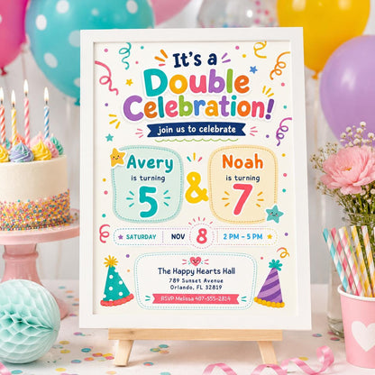 Double Celebration Invitation, Joint Birthday Invitation, Sibling Birthday Party, Printable Double Birthday Invite, Editable Canva Template __etsy:8002116652