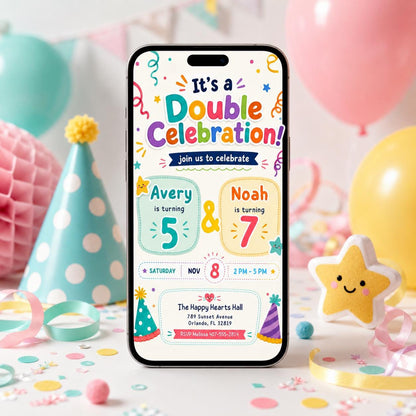 Double Celebration Invitation, Joint Birthday Invitation, Sibling Birthday Party, Printable Double Birthday Invite, Editable Canva Template __etsy:8002116688