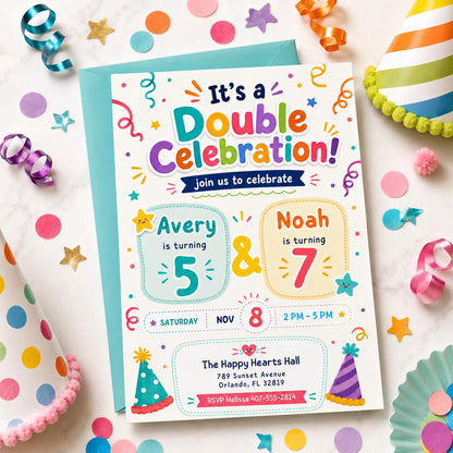 Double Celebration Invitation, Joint Birthday Invitation, Sibling Birthday Party, Printable Double Birthday Invite, Editable Canva Template __etsy:8050044017