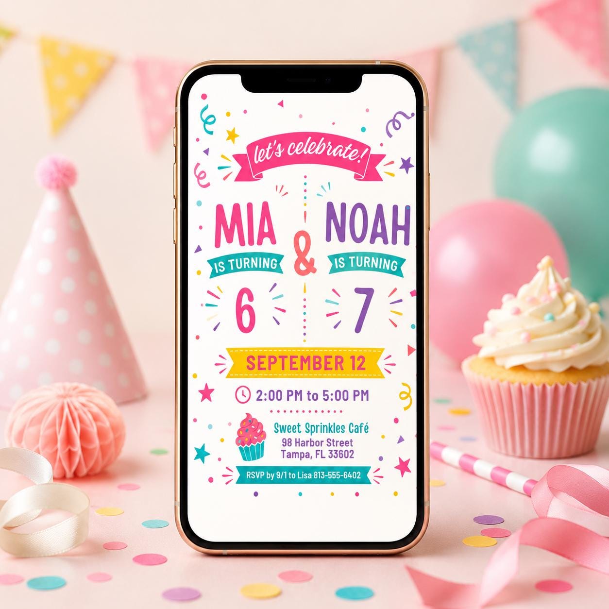 Double Celebration Joint Birthday Invitation Editable Sibling Party Editable Template, Canva Template __etsy:8086615475