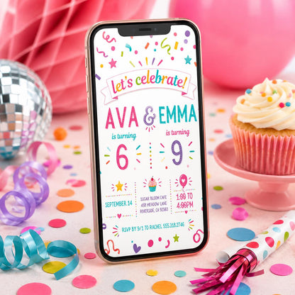 Double Celebration Joint Birthday Invitation Editable Sibling Party Editable Template, Canva Template __etsy:8047052437