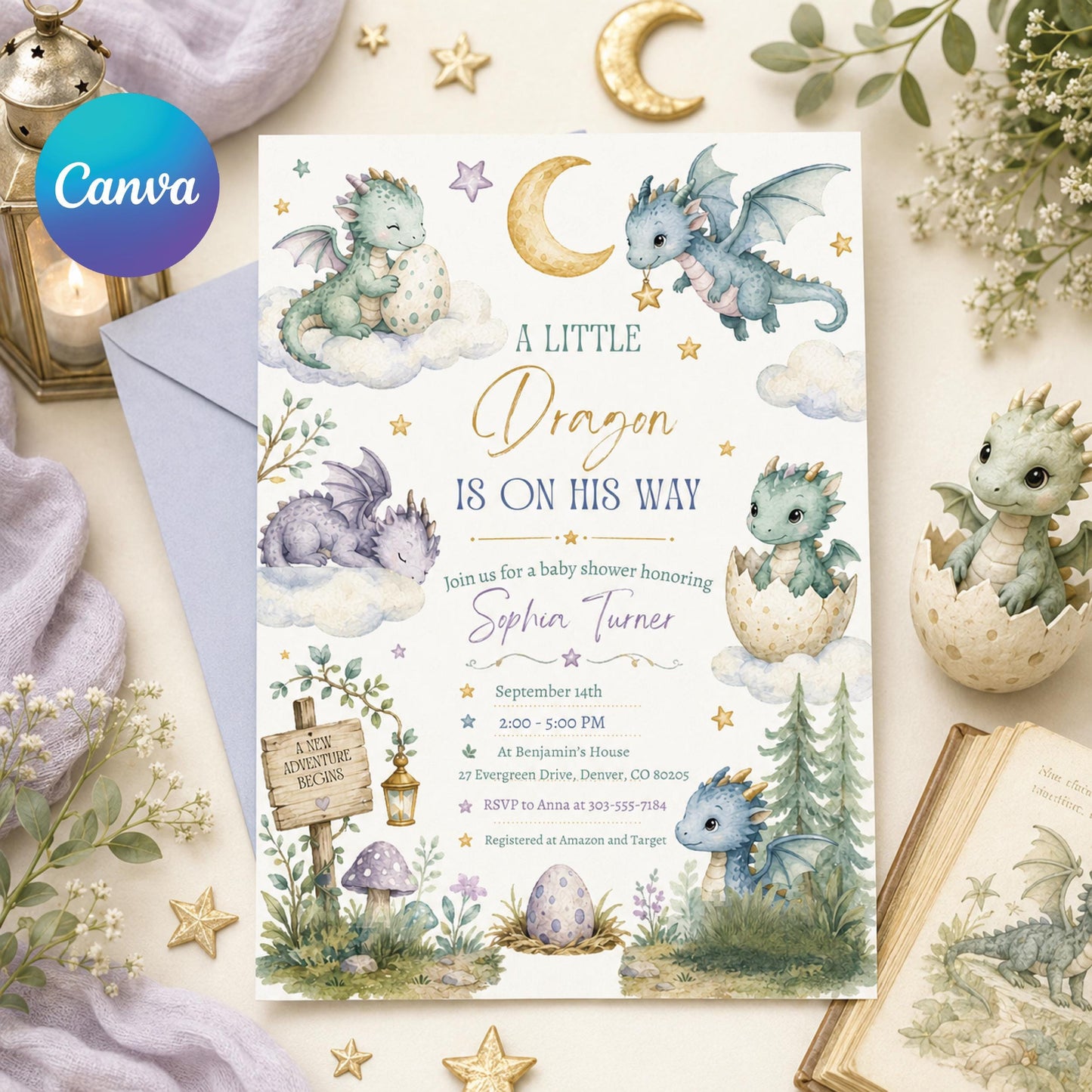 Dragon Baby Shower Invitation, A Little Dragon is on the way, Fairytale Baby Shower Invitation,  , Gender Neutral, Editable Canva Template __etsy:8018511390