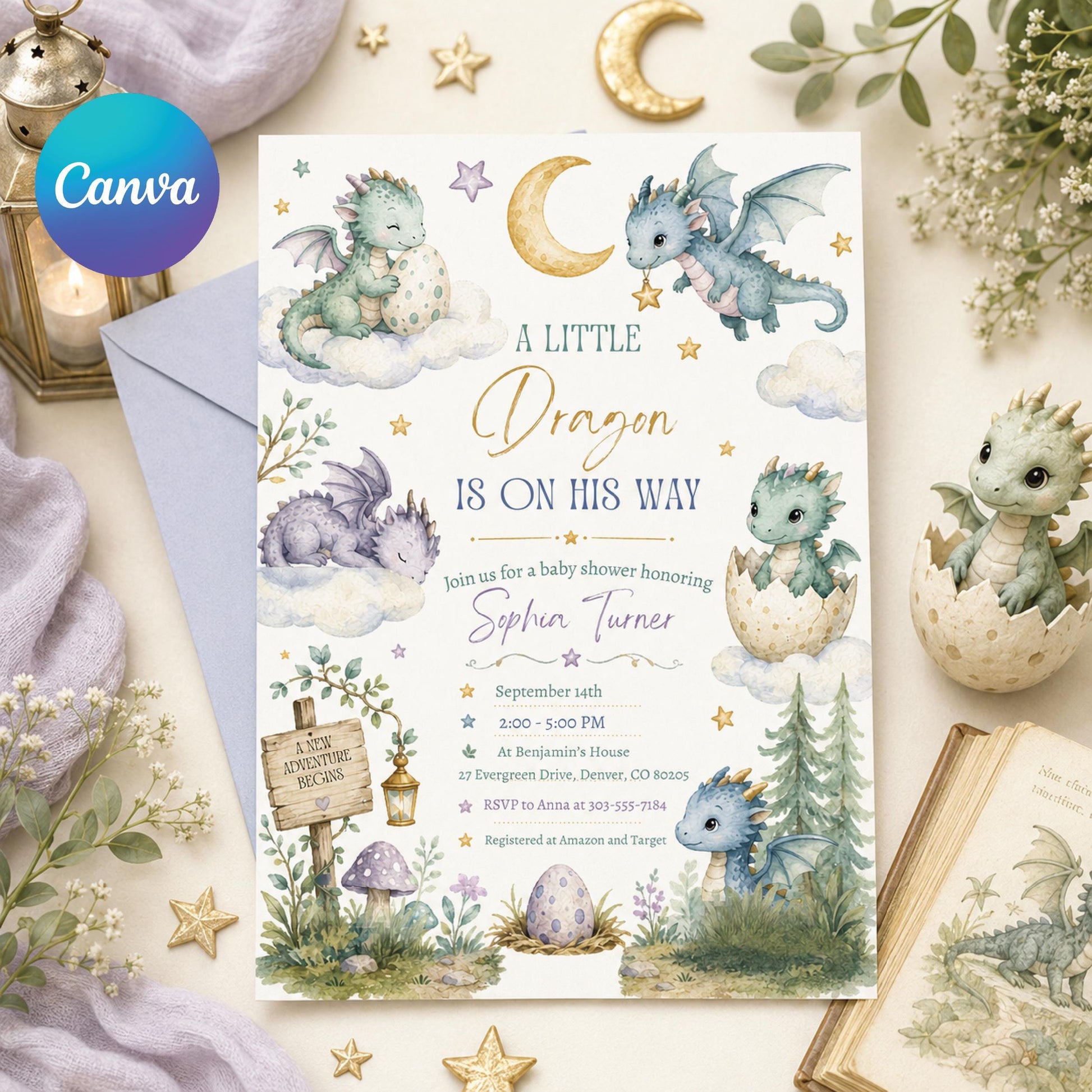 Dragon Baby Shower Invitation, A Little Dragon is on the way, Fairytale Baby Shower Invitation,  , Gender Neutral, Editable Canva Template __etsy:8018511390