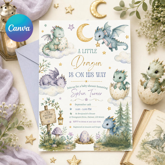 Dragon Baby Shower Invitation, A Little Dragon is on the way, Fairytale Baby Shower Invitation,  , Gender Neutral, Editable Canva Template __etsy:8018511390
