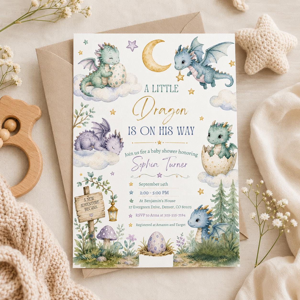 Dragon Baby Shower Invitation, A Little Dragon is on the way, Fairytale Baby Shower Invitation,  , Gender Neutral, Editable Canva Template __etsy:8066425355