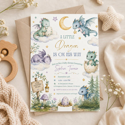 Dragon Baby Shower Invitation, A Little Dragon is on the way, Fairytale Baby Shower Invitation,  , Gender Neutral, Editable Canva Template __etsy:8066425355