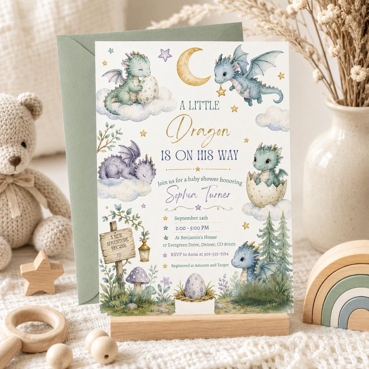 Dragon Baby Shower Invitation, A Little Dragon is on the way, Fairytale Baby Shower Invitation,  , Gender Neutral, Editable Canva Template __etsy:8066425473