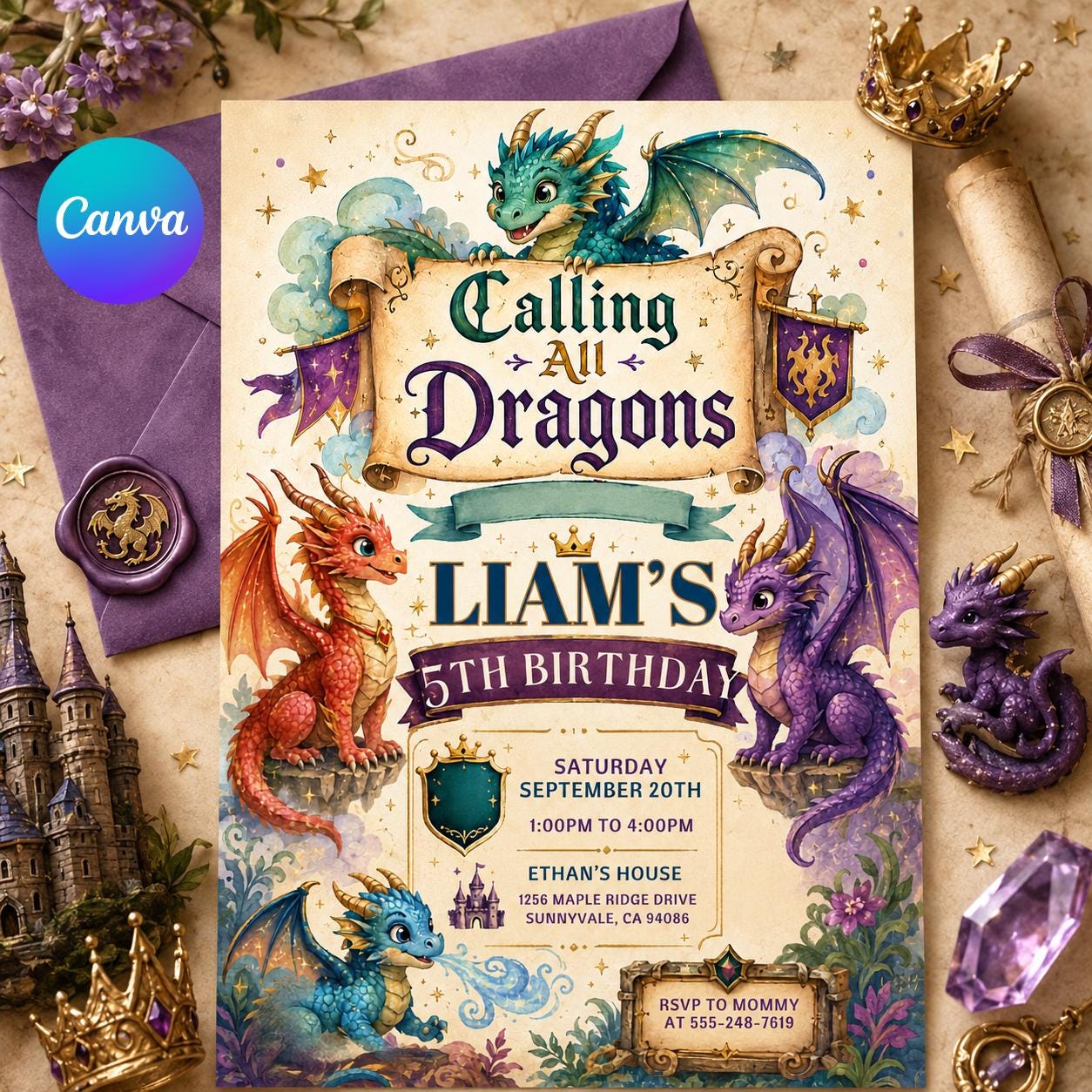 Dragon Birthday Invitation, Fantasy Dragon Birthday Invitation, Dragon Invitation, Dragon Birthday Party, Editable Canva Template __etsy:8067809723