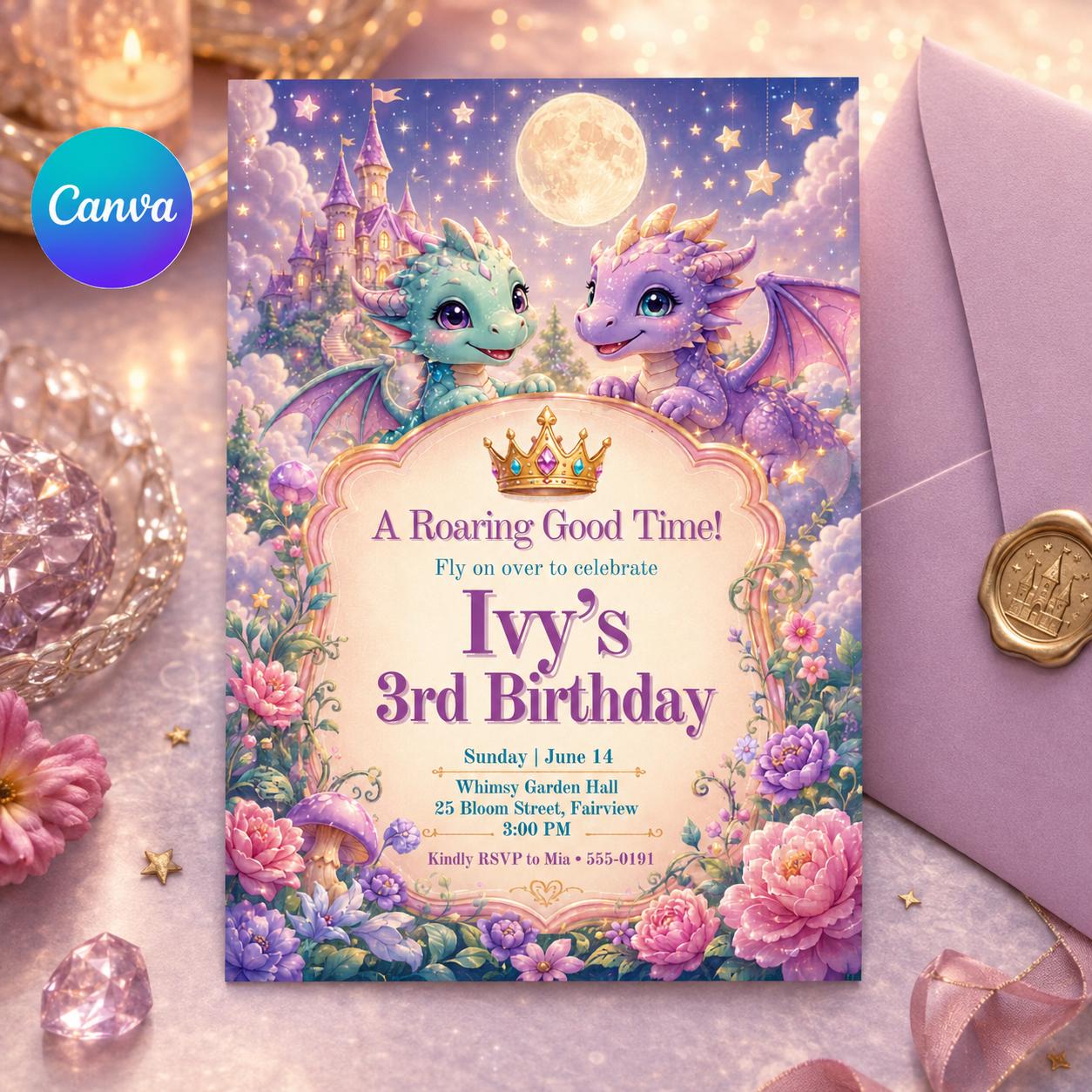 Dragon Birthday Invitation, Fantasy Dragon Birthday Invitation, Dragon Invitation, Dragon Birthday Party, Editable Canva Template __etsy:8070598168