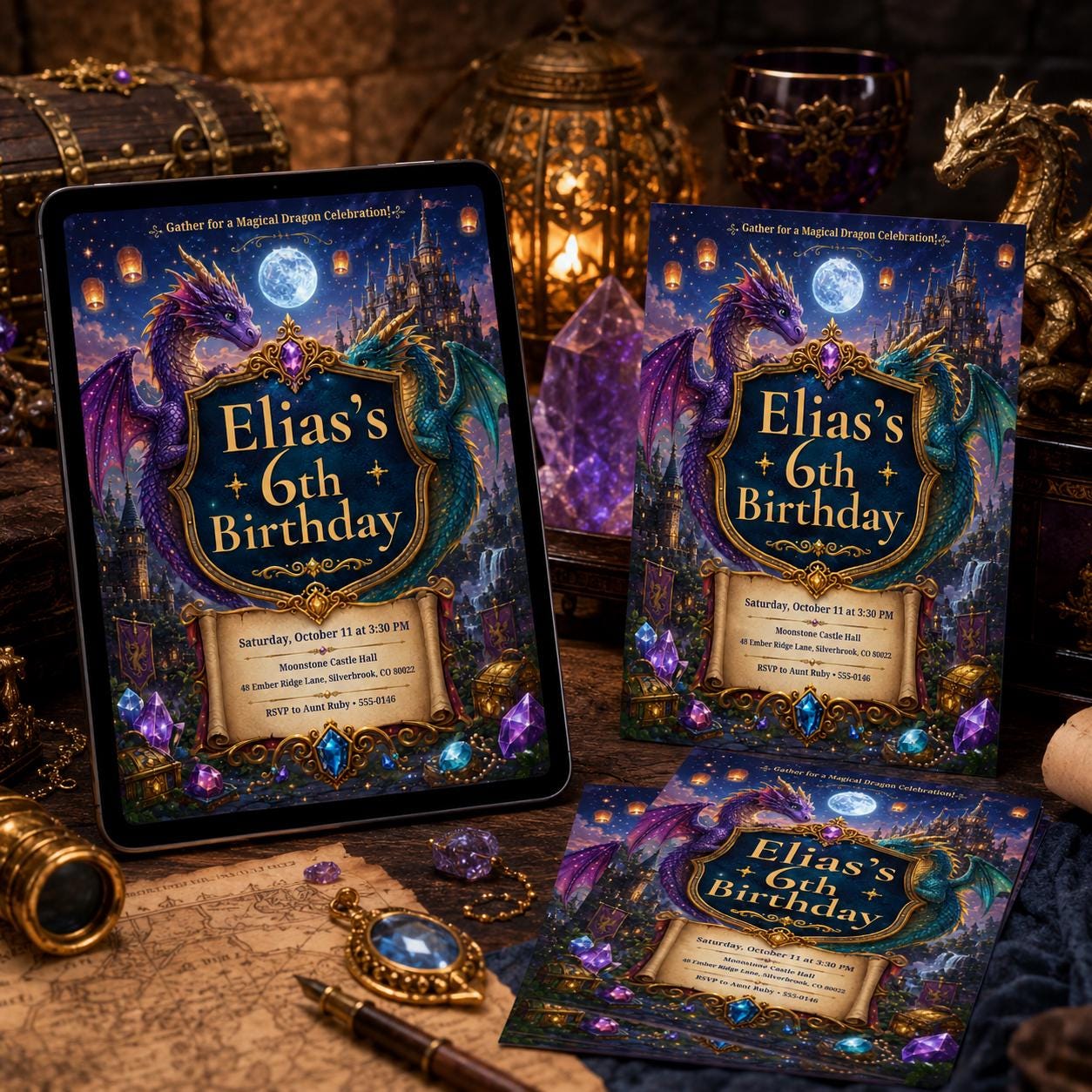 Dragon Birthday Invitation, Fantasy Dragon Birthday Invitation, Dragon Invitation, Dragon Birthday Party, Editable Canva Template __etsy:8064339412