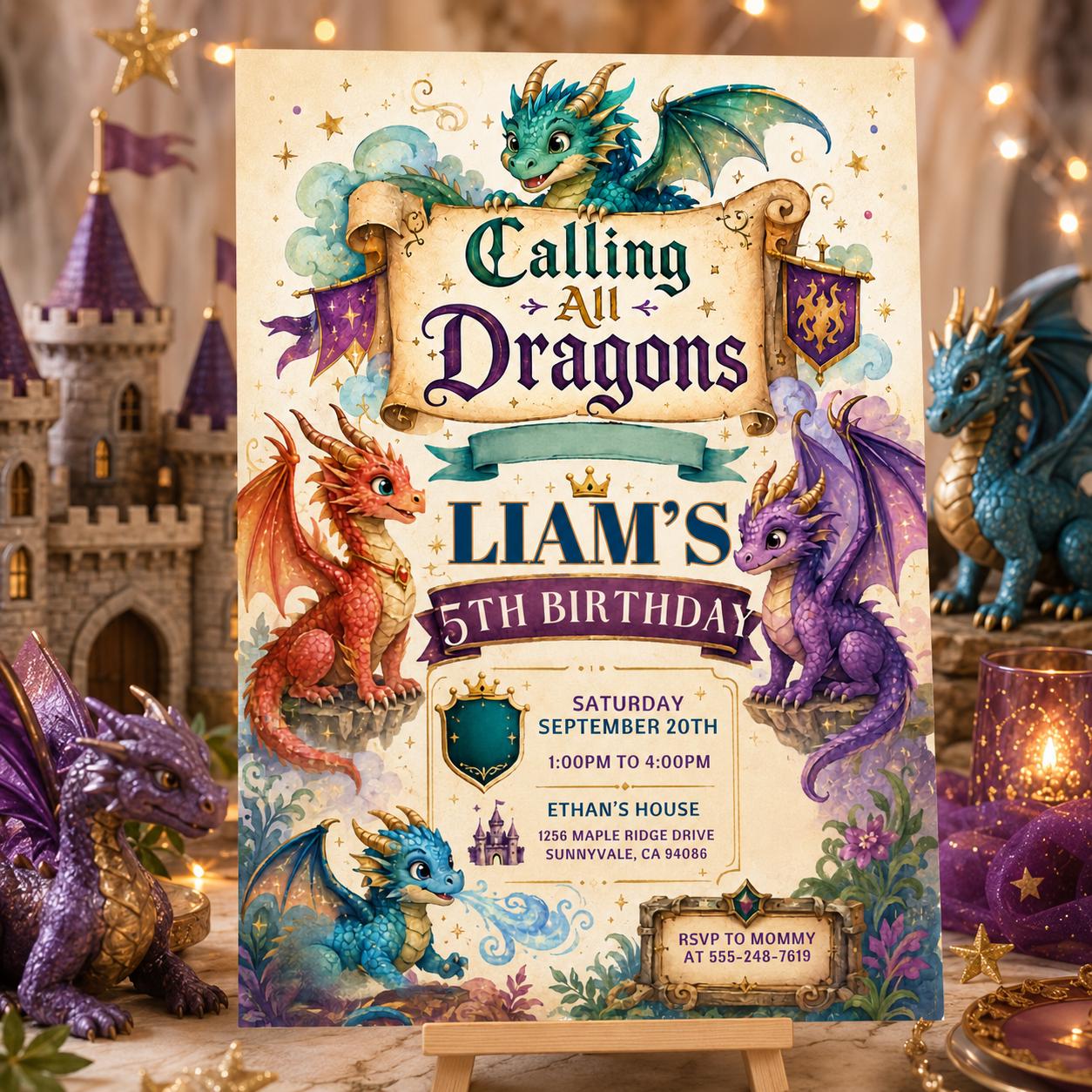 Dragon Birthday Invitation, Fantasy Dragon Birthday Invitation, Dragon Invitation, Dragon Birthday Party, Editable Canva Template __etsy:8056878849