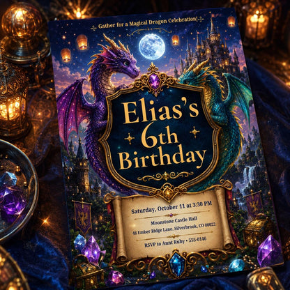 Dragon Birthday Invitation, Fantasy Dragon Birthday Invitation, Dragon Invitation, Dragon Birthday Party, Editable Canva Template __etsy:8064339414