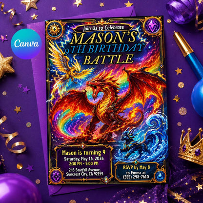 Dragon Birthday Invitation, Fantasy Dragon Invitation, Dragon Theme Invitation for Girls, Magical Birthday Invite, Editable Canva Template __etsy:8176041567