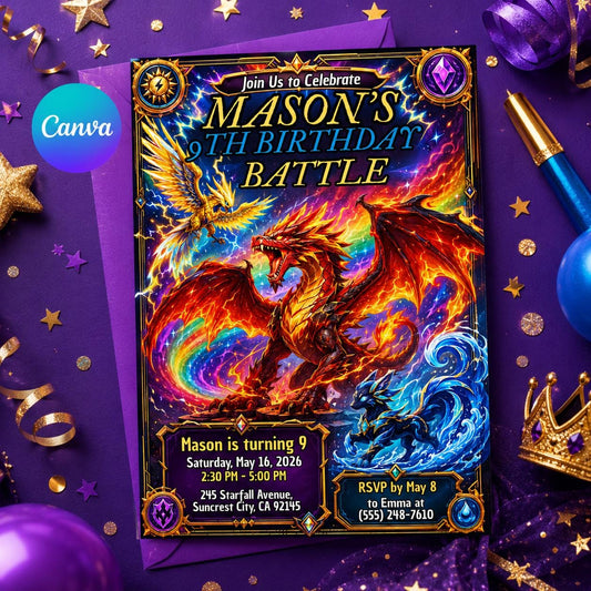 Dragon Birthday Invitation, Fantasy Dragon Invitation, Dragon Theme Invitation for Girls, Magical Birthday Invite, Editable Canva Template __etsy:8176041567