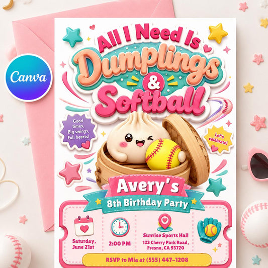 Dumplings & Softball Invitation Glitter Dumpling Birthday, Cute Kawaii Kids Invite , Little Dumplin’ Birthday Invitation, Canva Template __etsy:8104179927