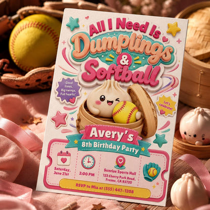 Dumplings & Softball Invitation Glitter Dumpling Birthday, Cute Kawaii Kids Invite , Little Dumplin’ Birthday Invitation, Canva Template __etsy:8056267820