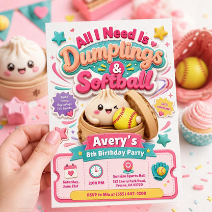 Dumplings & Softball Invitation Glitter Dumpling Birthday, Cute Kawaii Kids Invite , Little Dumplin’ Birthday Invitation, Canva Template __etsy:8104179953