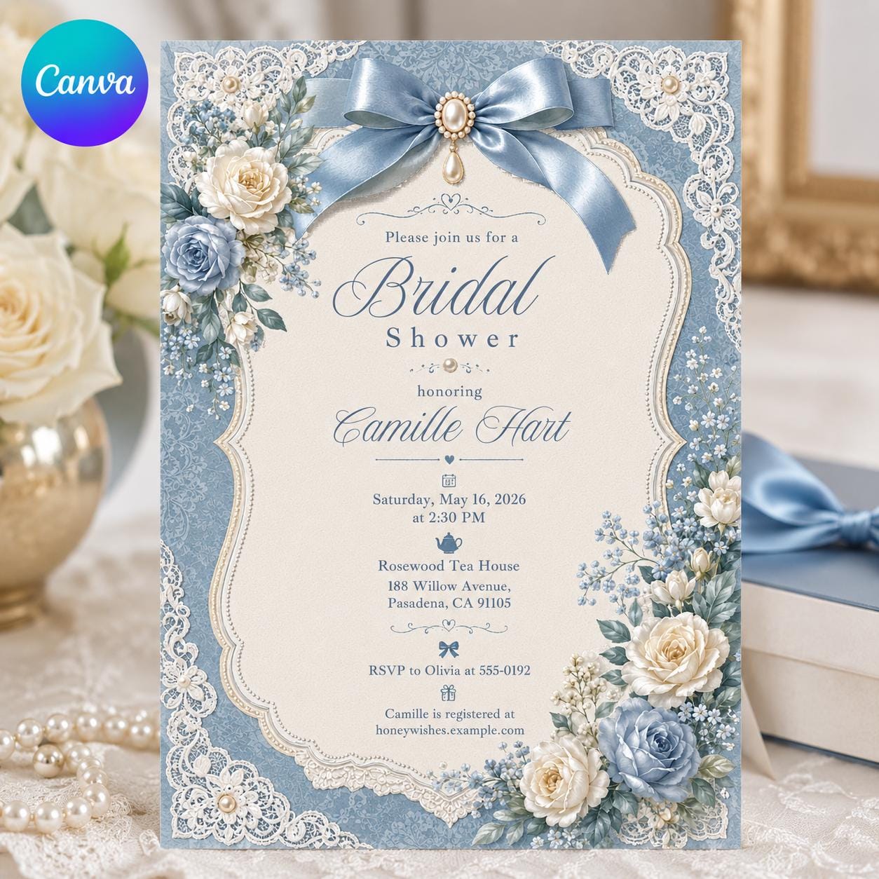 Dusty Blue Floral Bridal Shower Invitation, Lace Bow Rose Something Blue Invite, Canva Template, Editable Blue Floral Design __etsy:8128609692