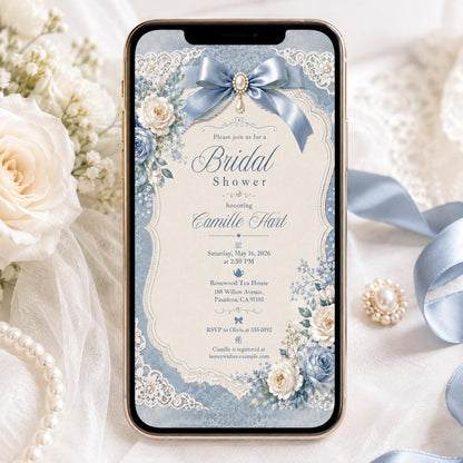 Dusty Blue Floral Bridal Shower Invitation, Lace Bow Rose Something Blue Invite, Canva Template, Editable Blue Floral Design __etsy:8176522831