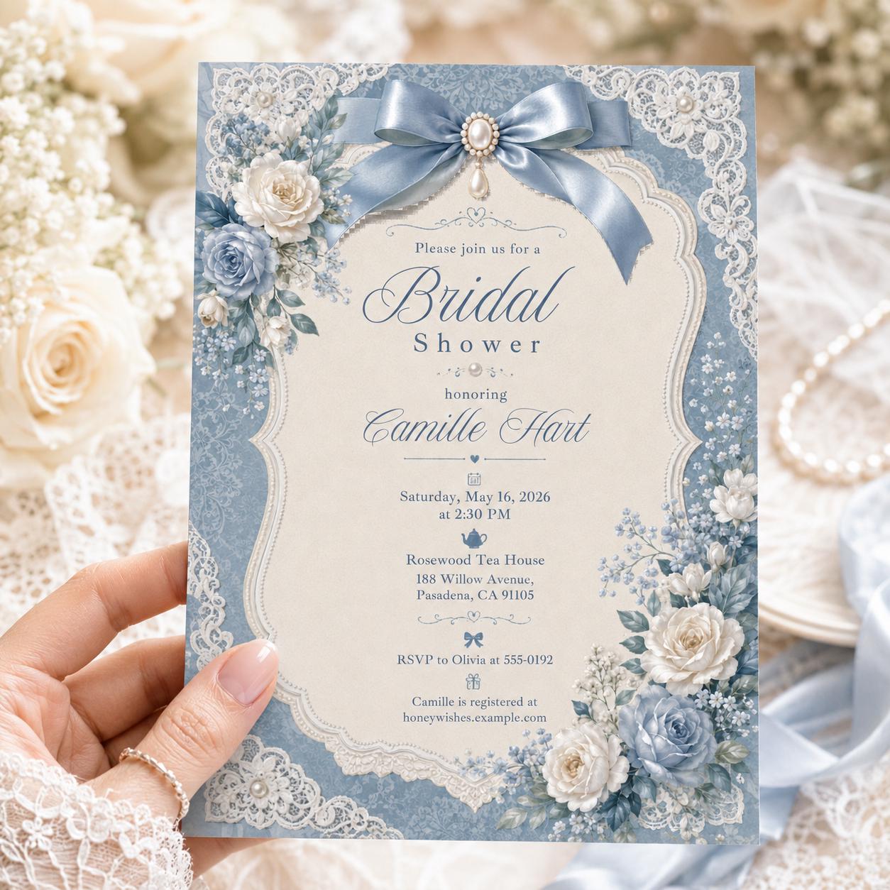 Dusty Blue Floral Bridal Shower Invitation, Lace Bow Rose Something Blue Invite, Canva Template, Editable Blue Floral Design __etsy:8176522833