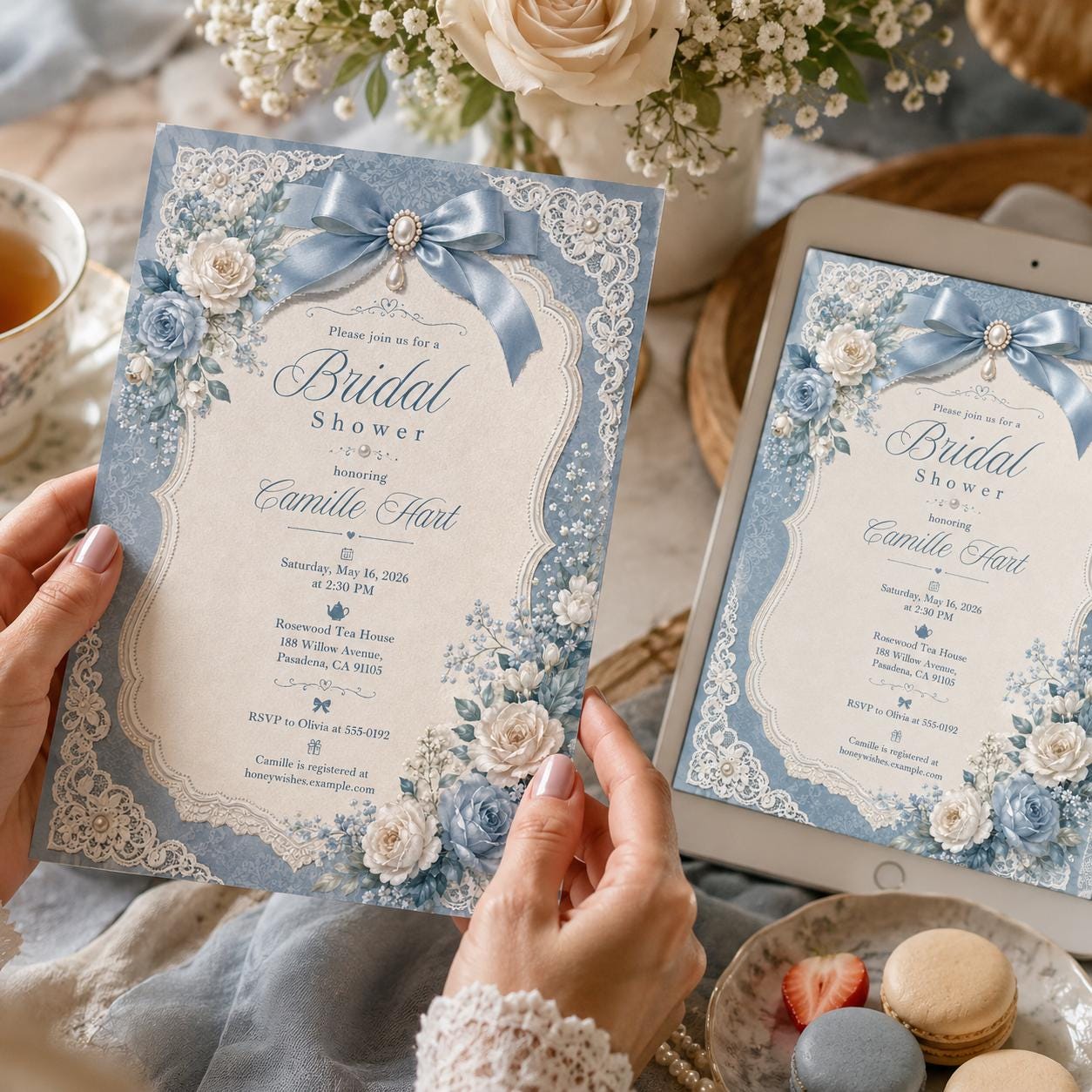 Dusty Blue Floral Bridal Shower Invitation, Lace Bow Rose Something Blue Invite, Canva Template, Editable Blue Floral Design __etsy:8176522835