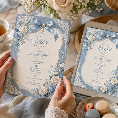 Dusty Blue Floral Bridal Shower Invitation, Lace Bow Rose Something Blue Invite, Canva Template, Editable Blue Floral Design __etsy:8176522835