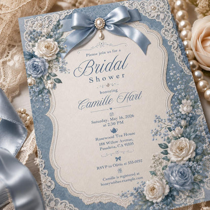 Dusty Blue Floral Bridal Shower Invitation, Lace Bow Rose Something Blue Invite, Canva Template, Editable Blue Floral Design __etsy:8128609724