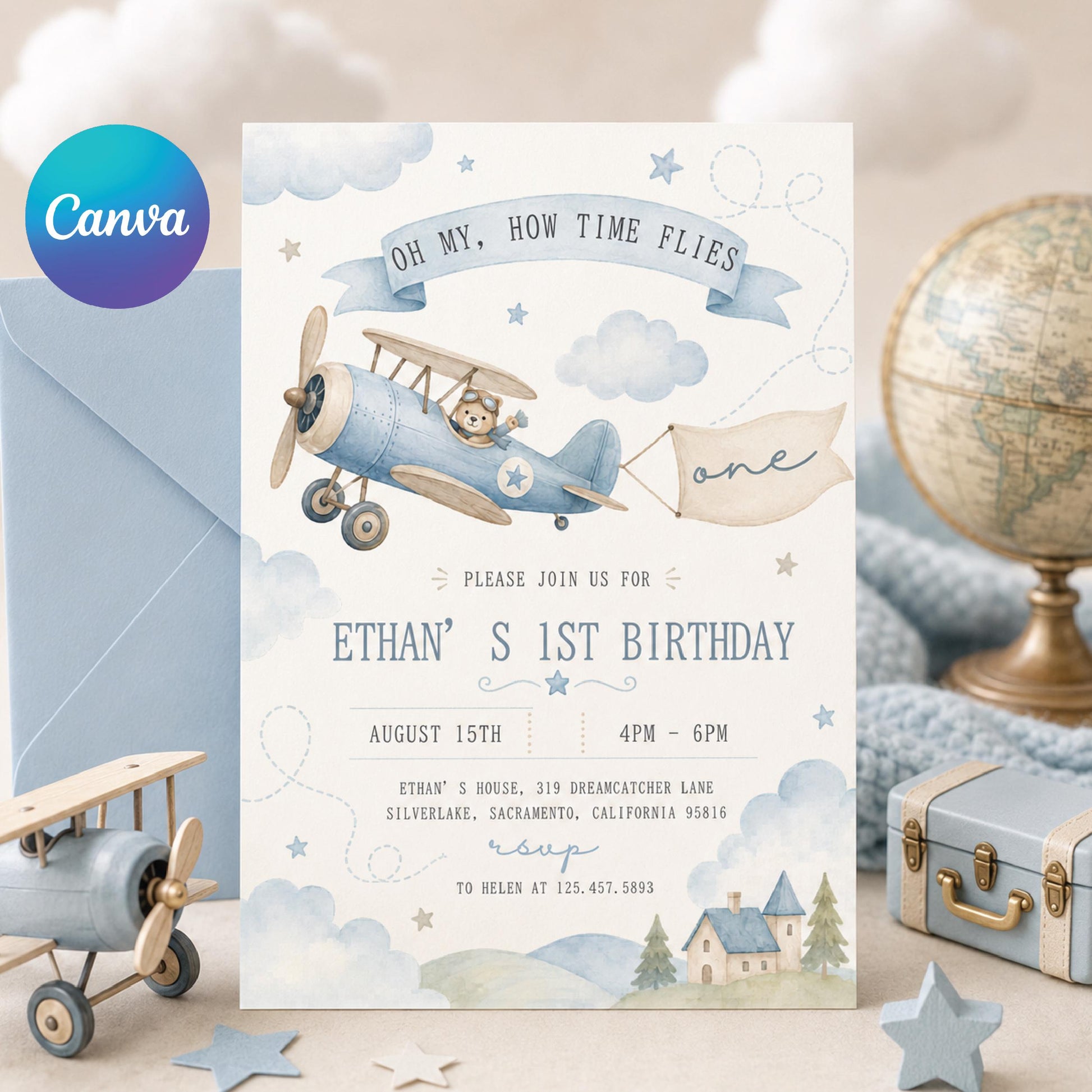 Editable Airplane 1st Birthday Invitation, Time Flies 1st Birthday Invite, Airplane Editable Invitation, Editable Canva Template __etsy:8067814321