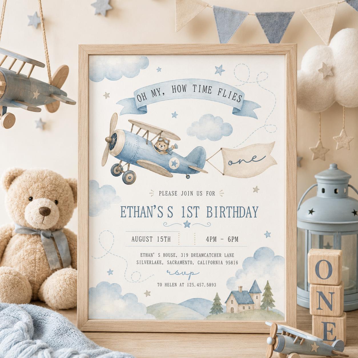 Editable Airplane 1st Birthday Invitation, Time Flies 1st Birthday Invite, Airplane Editable Invitation, Editable Canva Template __etsy:8019884698